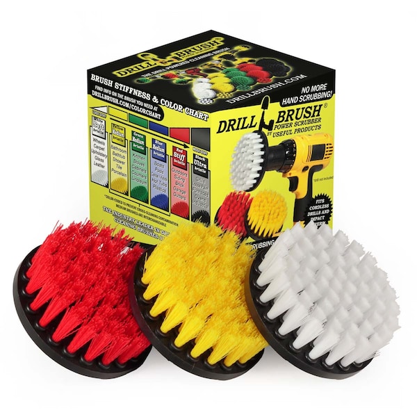 Drillbrush Cleaning Supplies - Drill Brush - Soft, Medium, Stiff Scrub Brush 4in-Lim-Short-WH-YEL-RD - main